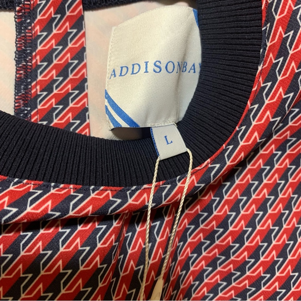 Addison Bay Long Sleeve Ruffle Hem Red White & Blue Patterned Mini Dress - Picture 9 of 11